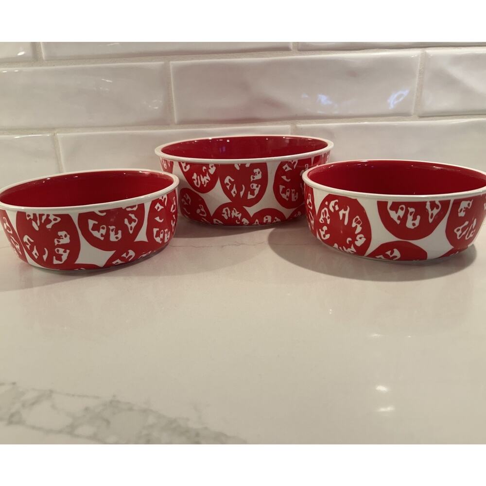 Crate & Barrel set of 3 Ceramic Red &‎ White Pattern Nesting Bowl Serving Set